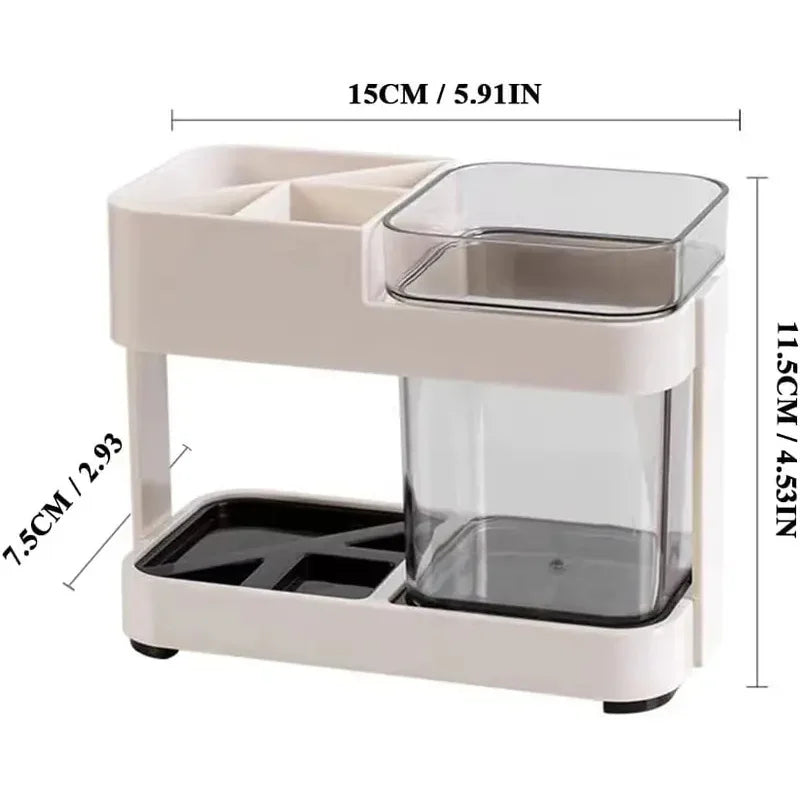 Compact toothbrush organizer with multiple compartments and transparent cup for bathroom counter