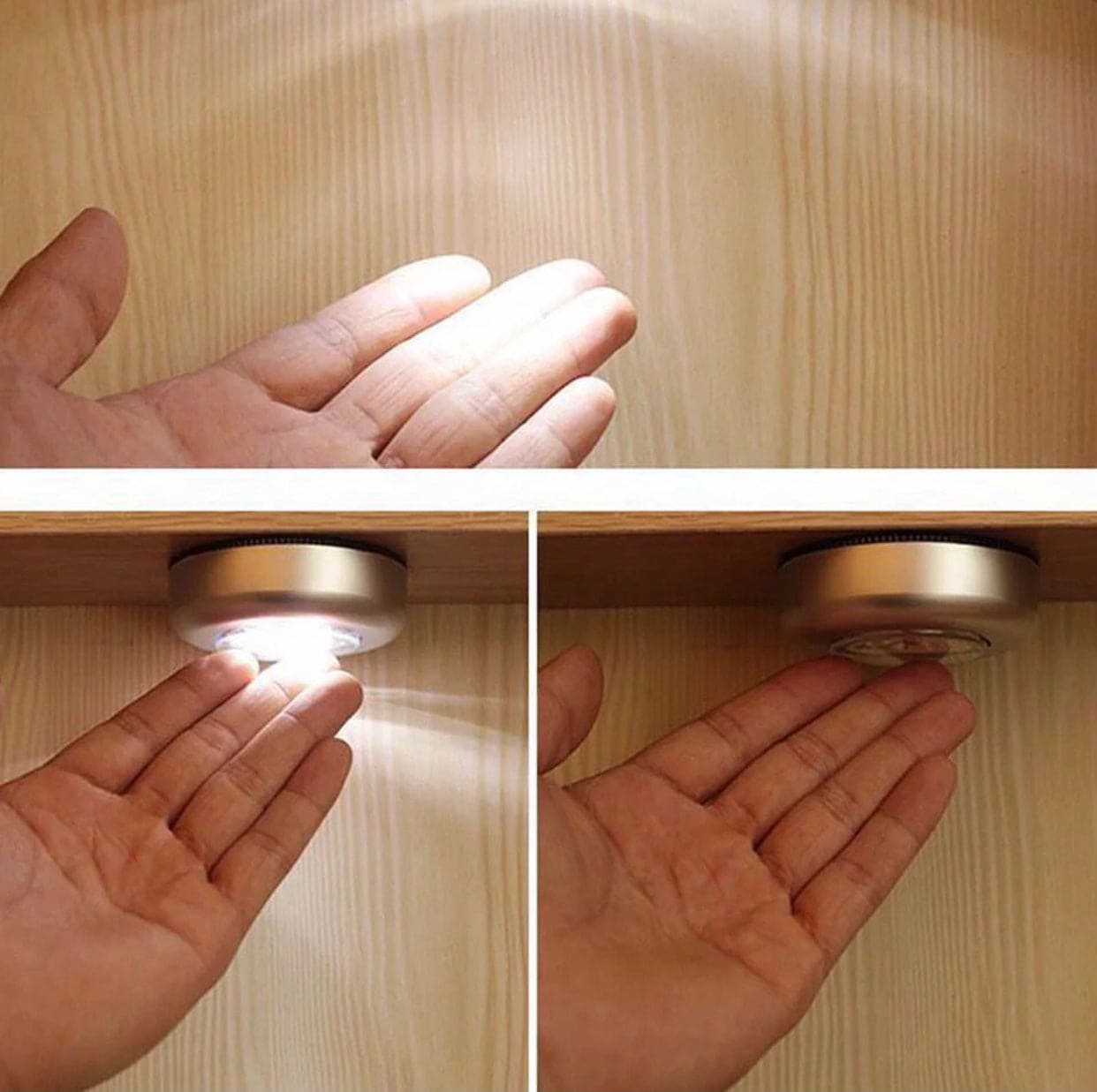 Clarify.pk touch type car reading light showing hand activation with bright LED illumination on wood surface