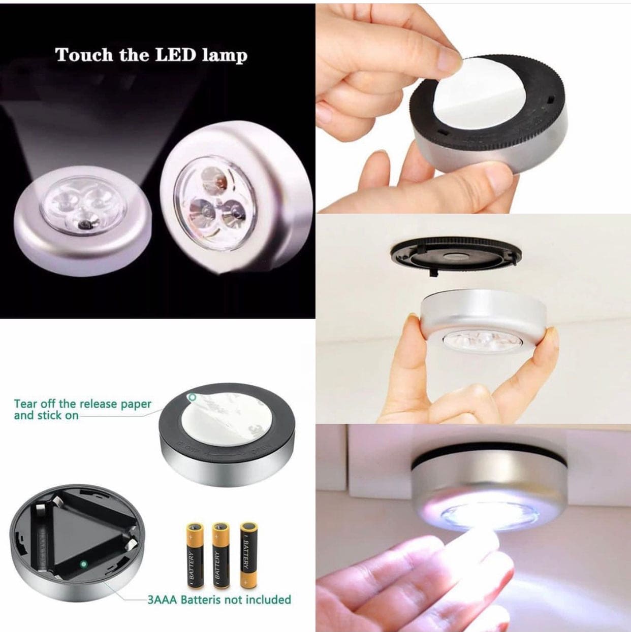 Touch type car reading light LED lamp with adhesive backing and battery compartment showing installation steps