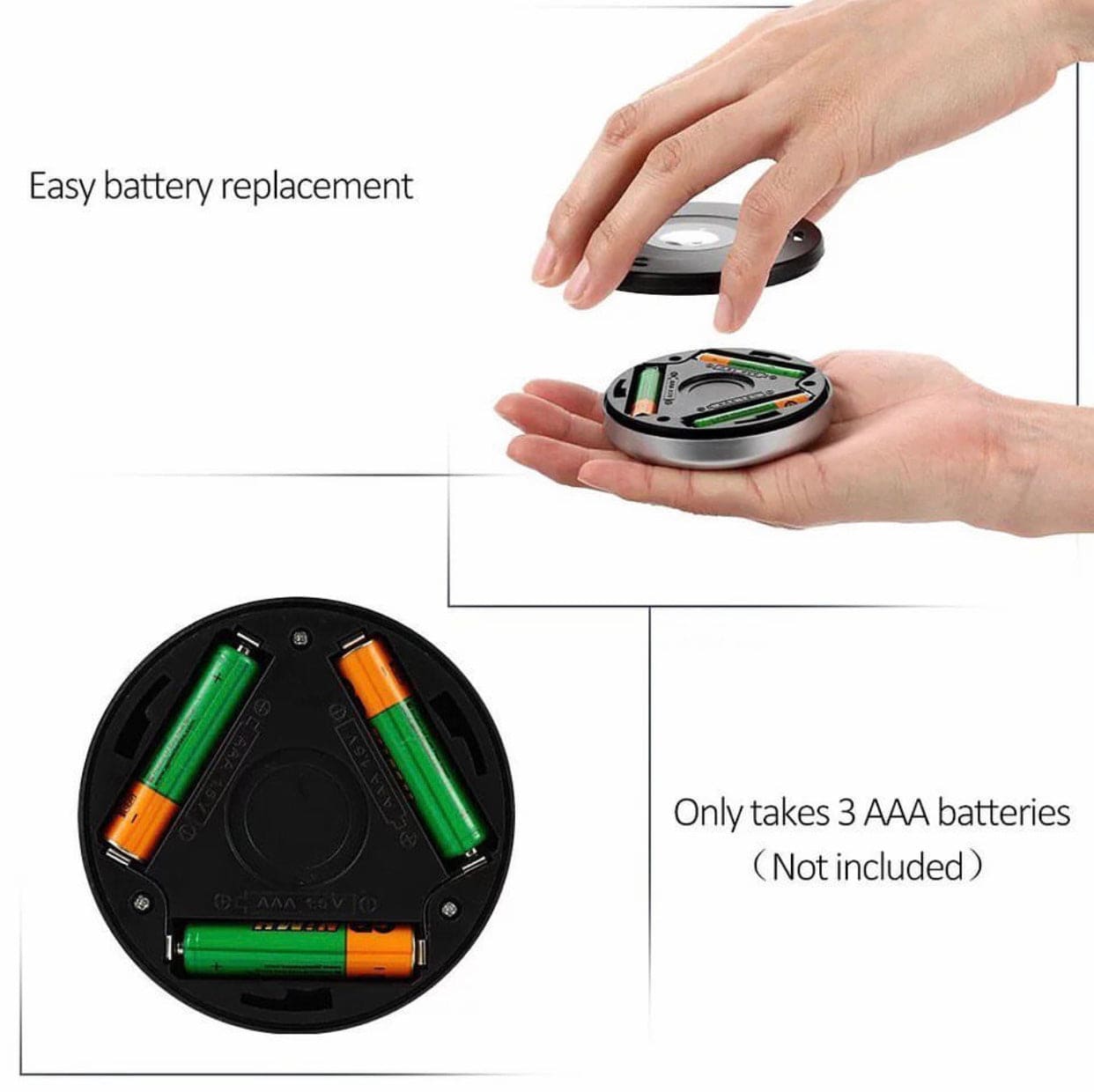 Touch type car reading light showing easy battery replacement with three AAA batteries compartment