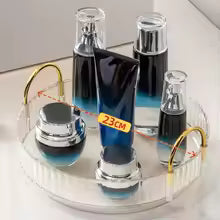 Clarify.pk 360 rotating makeup organizer with multiple compartments holding skincare and cosmetic bottles