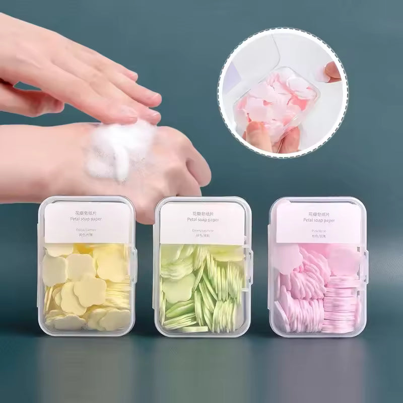 Clarify.pk travel soap paper sheets in yellow, green, and pink floral designs with foam created on hand