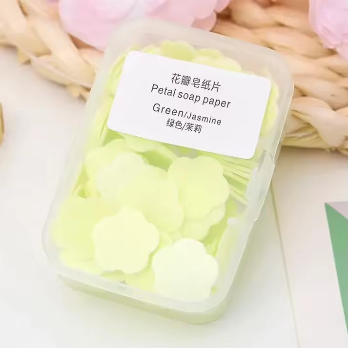 Clarify.pk green jasmine petal travel soap paper sheets in a clear plastic case