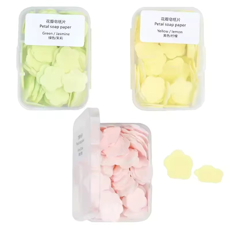 Clarify.pk travel soap paper sheets in green jasmine yellow lemon and pink scents in petal shapes