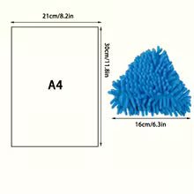 Triangle wall cleaning mop blue cloth cover with dimensions beside A4 paper size