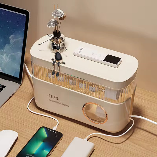 Clarify.pk cable organizer box for desk in beige with transparent window and multiple charging cables managed