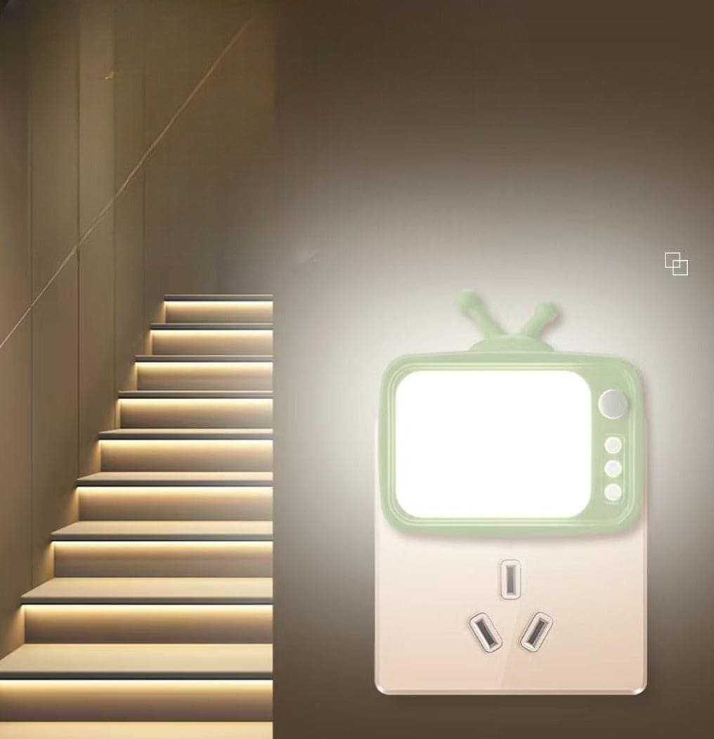 tv shape night light plugged into wall outlet illuminating staircase with soft glow