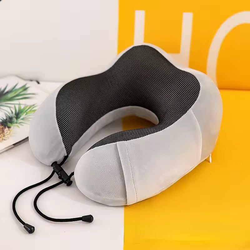 Clarify.pk U shaped memory foam neck pillow in gray and black with adjustable drawstring for neck support