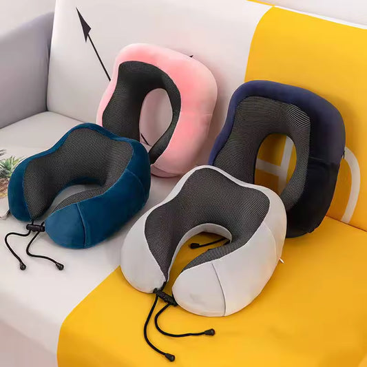 Clarify.pk U shaped memory foam neck pillow in pink, navy, blue, and gray with adjustable drawstrings