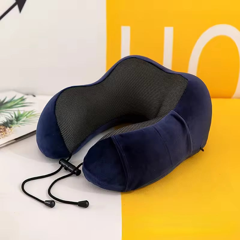 Clarify.pk U shaped memory foam neck pillow in navy blue with adjustable drawstring for travel comfort