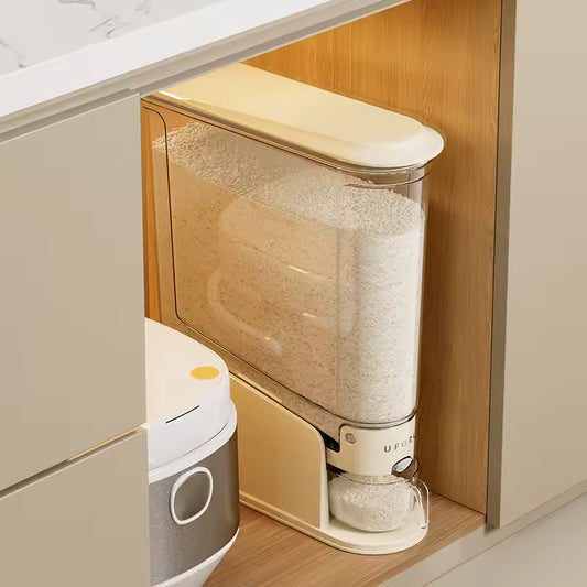 Clarify.pk rice storage container 5.5kg with transparent design for easy rice dispensing in kitchen cabinet