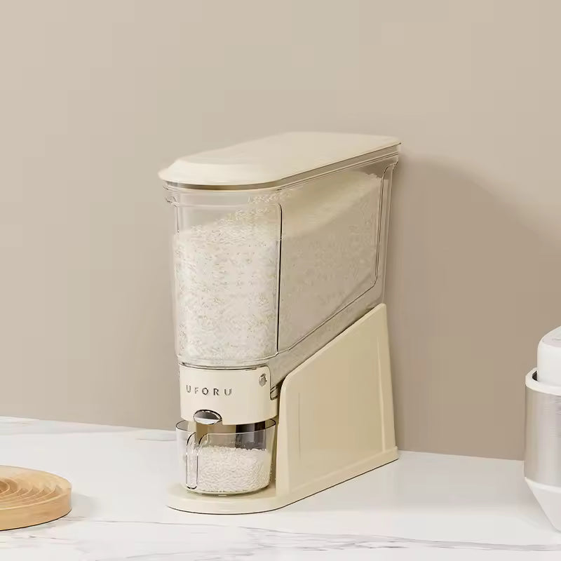 Clarify.pk rice storage container 5.5kg with cream base and transparent body for easy rice dispensing