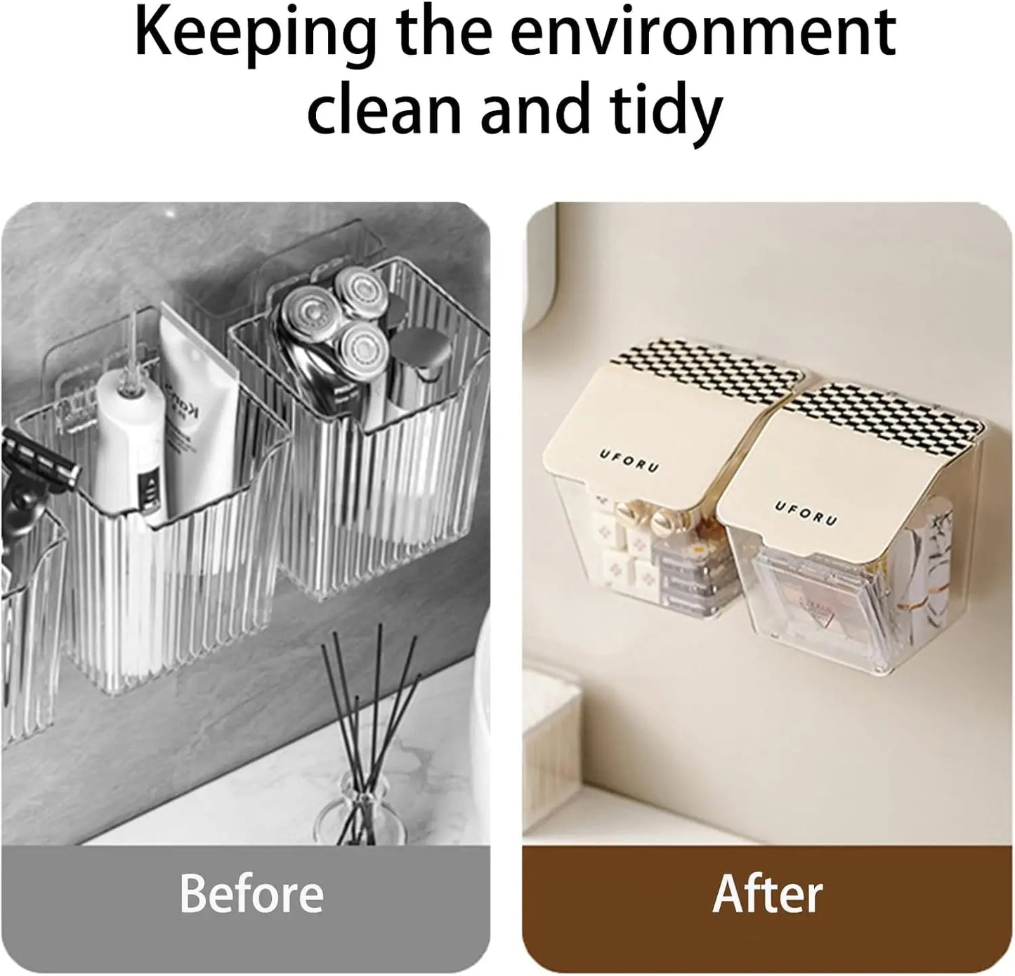 Before and after images showing a wall mounted organizer for a clean and tidy environment