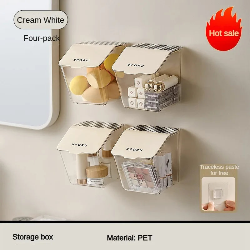 Cream white wall mounted organizer four-pack storage boxes made of PET attached to beige wall
