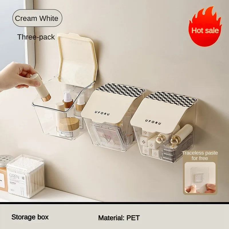 Cream white wall mounted organizer three-pack with storage boxes fixed on wall for kitchen or bathroom