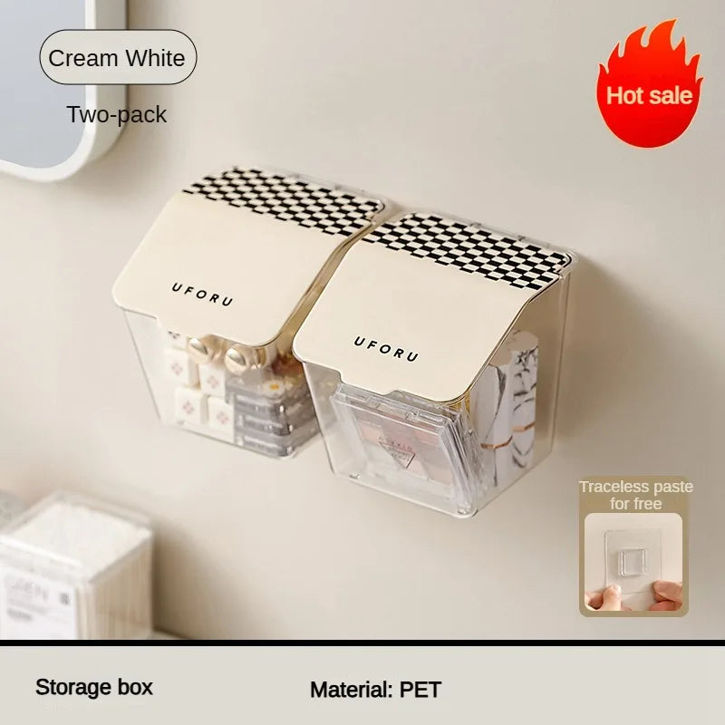 Cream white two-pack wall mounted organizer storage boxes with traceless paste for easy mounting