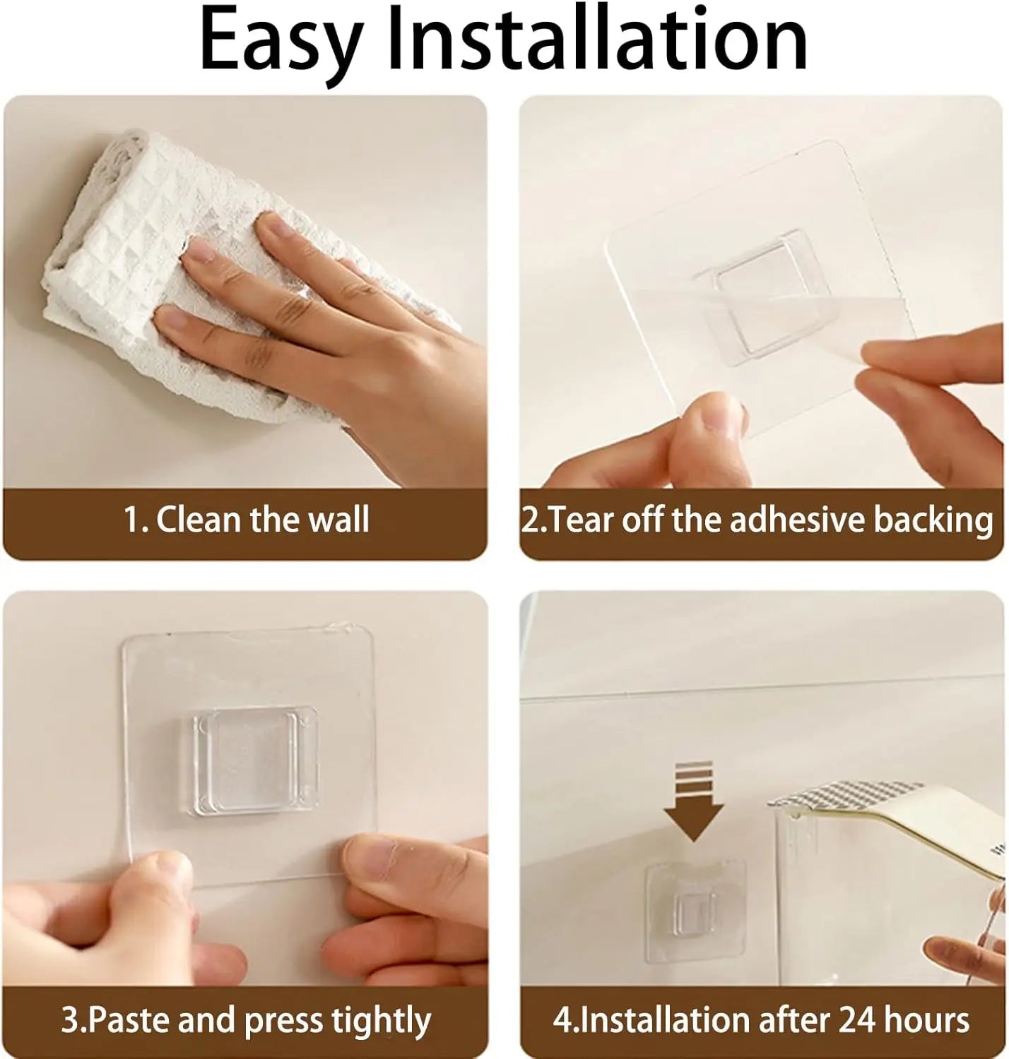 Step-by-step easy installation of wall mounted organizer with adhesive backing and wall cleaning