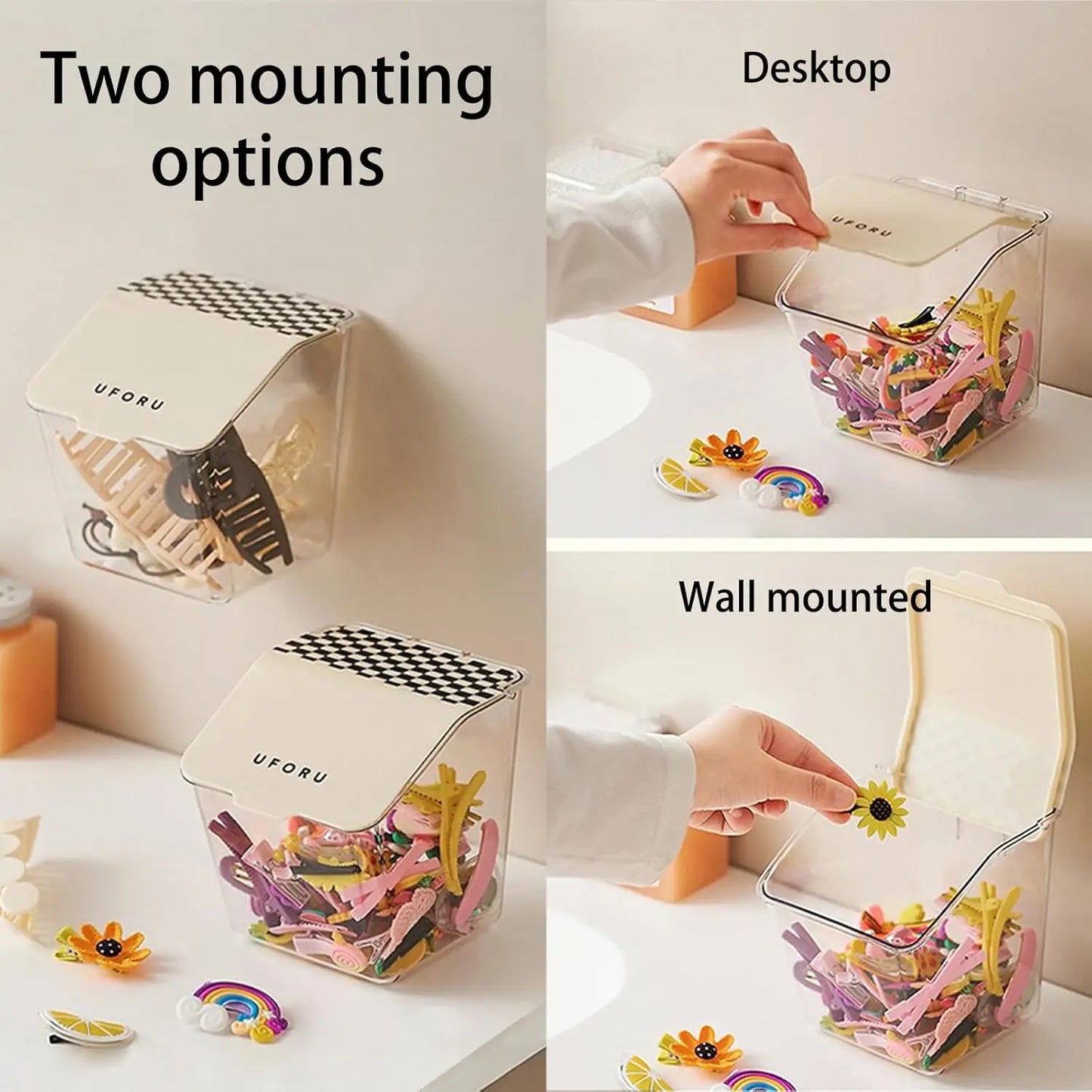 Wall mounted organizer with clear storage container and flip lid showing two mounting options for desktop or wall use