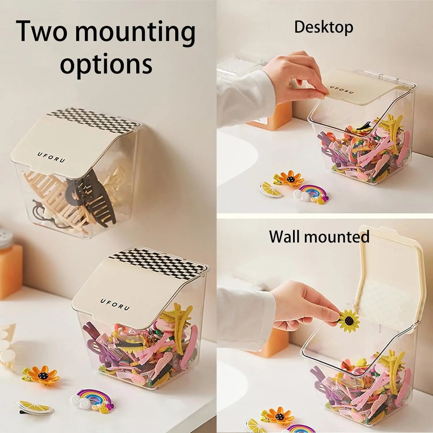Wall mounted organizer with clear storage container and flip lid showing two mounting options for desktop or wall use