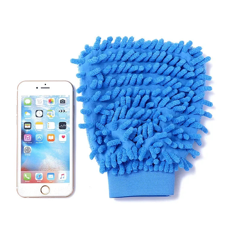 Blue ultrafine fiber cleaning gloves next to a smartphone showing textured microfiber surface