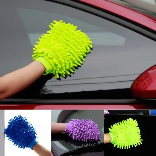 Bright green, blue, and purple ultrafine fiber cleaning gloves used for car window cleaning
