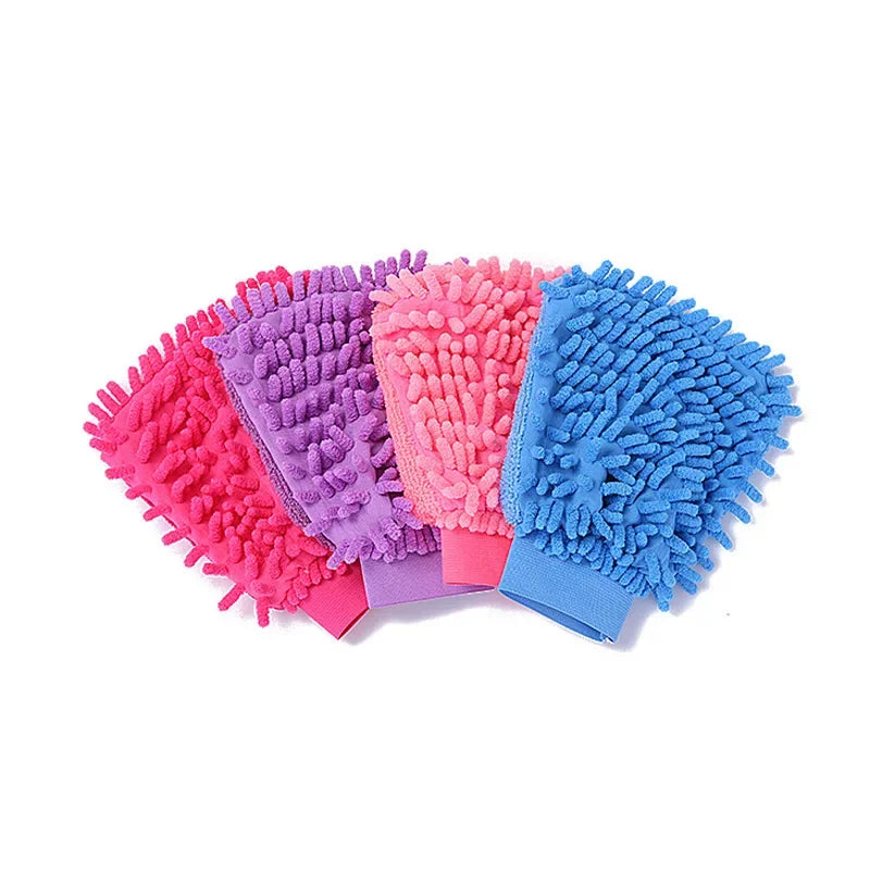 Set of colorful ultrafine fiber cleaning gloves with soft textured surface for dusting and cleaning