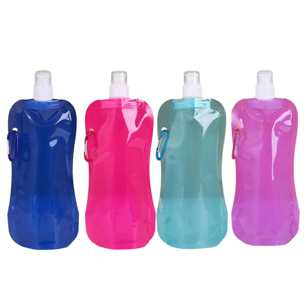 Clarify.pk ultralight foldable water container in blue pink teal and purple with white caps and carabiners