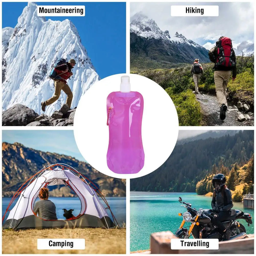 Ultralight foldable water container in pink shown for mountaineering hiking camping and traveling