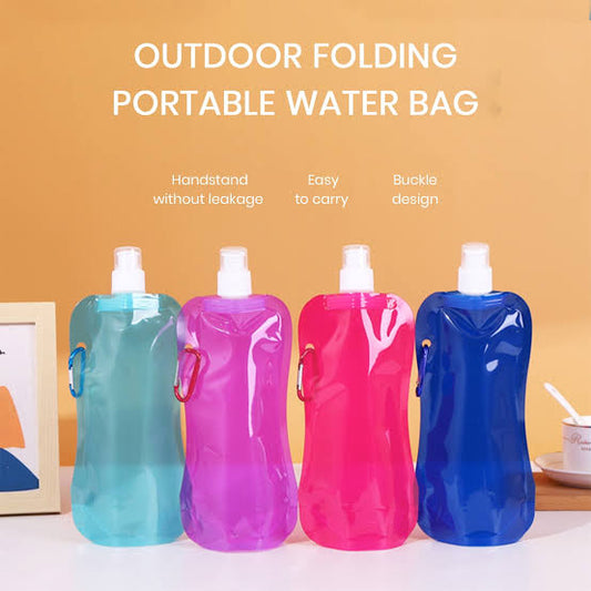 Ultralight foldable water container in blue, pink, and purple with easy carry and buckle design
