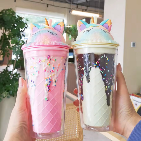 Two unicorn water cup with straw designs featuring colorful ice cream and unicorn horn lids