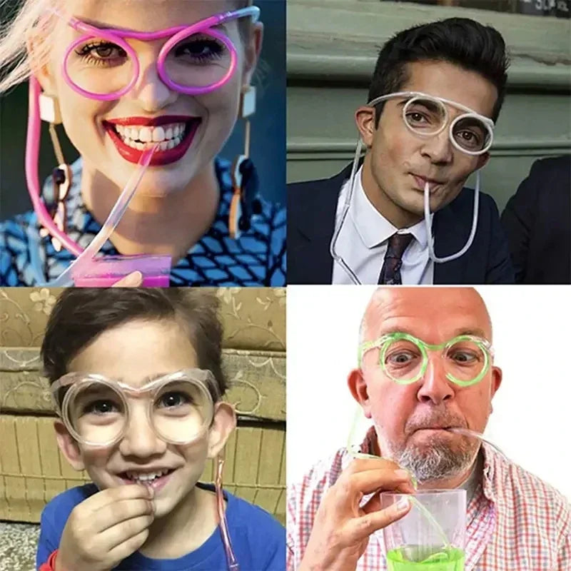 Unique drinking straws shaped like eyeglasses worn by diverse people drinking beverages