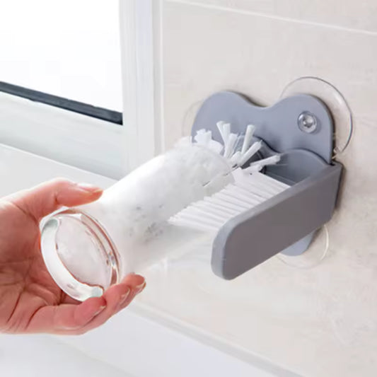 Clarify.pk sink bottle cleaning brush with flexible bristles mounted on wall for easy cleaning