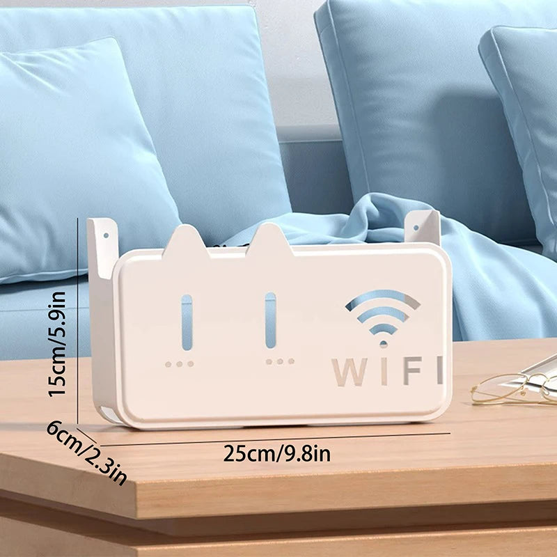 White wifi router shelf organizer with wifi symbol and compact design on wooden table