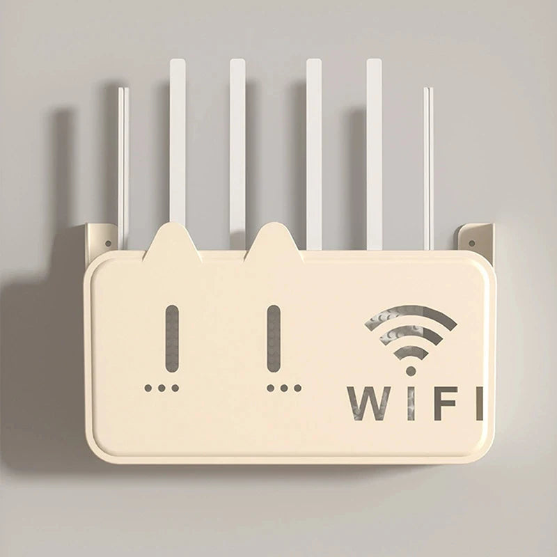 Beige wall-mounted wifi router shelf organizer with multiple antenna slots and ventilation design