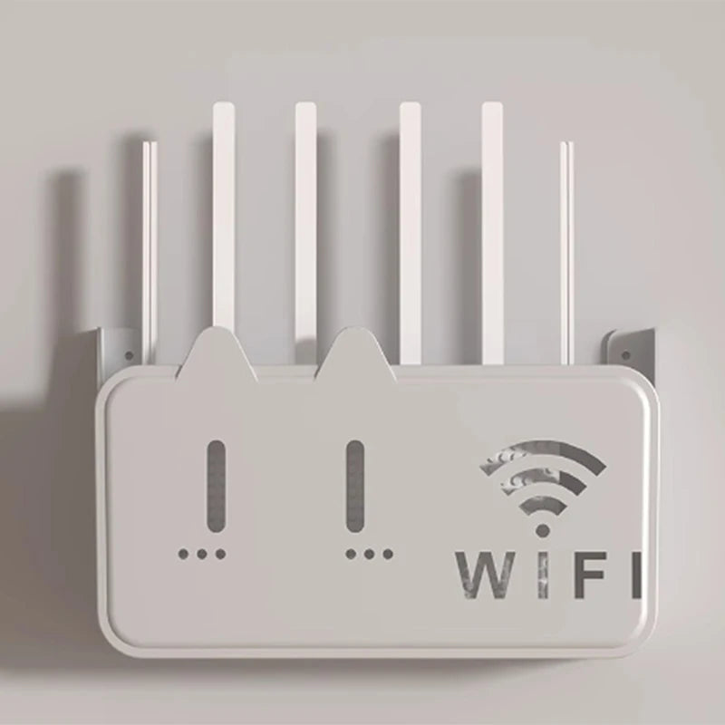 White wifi router mounted on a wall using a wifi router shelf organizer to keep it elevated and organized