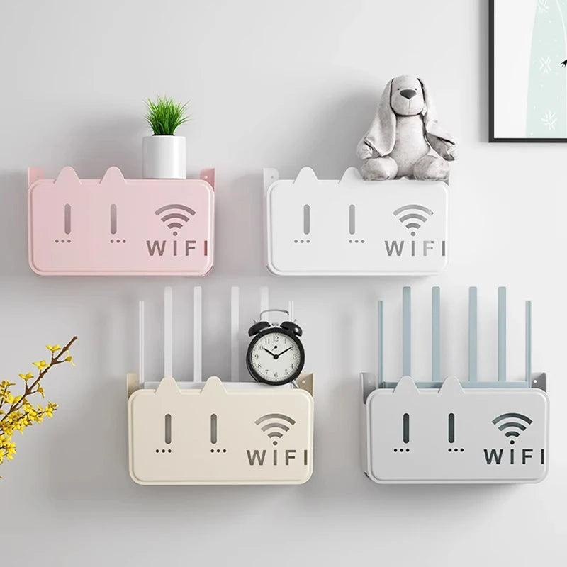 Wall-mounted wifi router shelf organizer in pink white beige and gray holding routers and small items