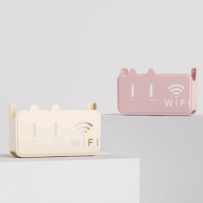 Clarify.pk wifi router shelf organizer in pink and cream with ventilation slots and WiFi symbol