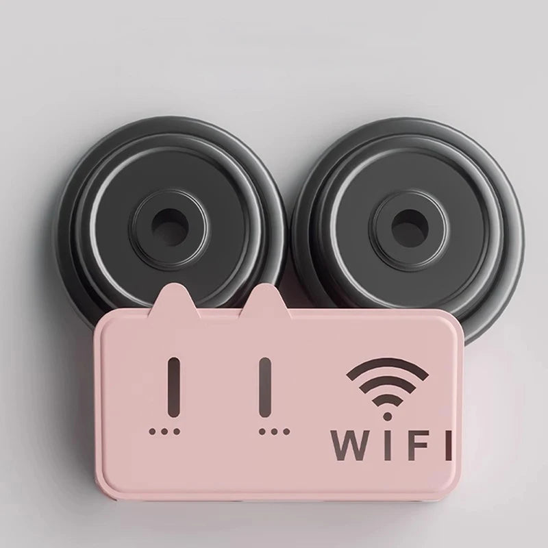 Pink wifi router shelf organizer with dual circular holders for wireless device storage