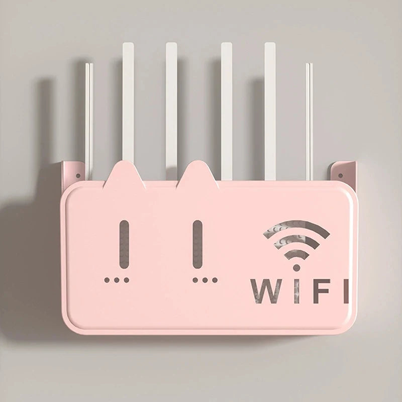 Pink wifi router shelf organizer mounted on wall with multiple antennas and wifi symbol