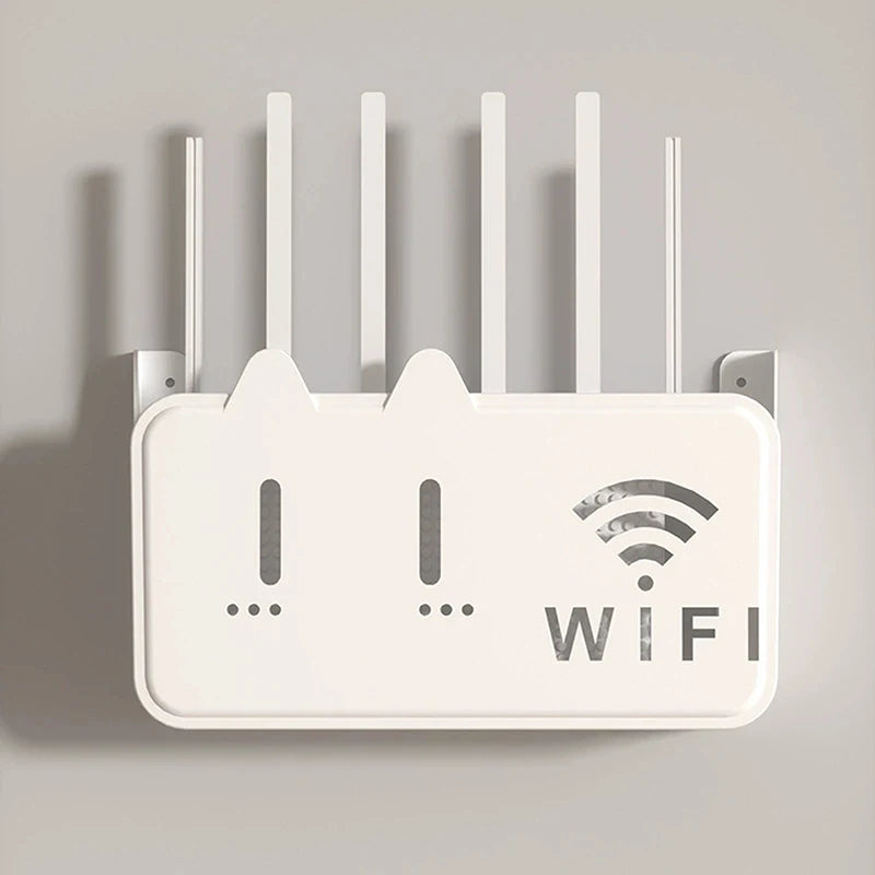 White wall-mounted wifi router shelf organizer with multiple antennas and ventilation slots