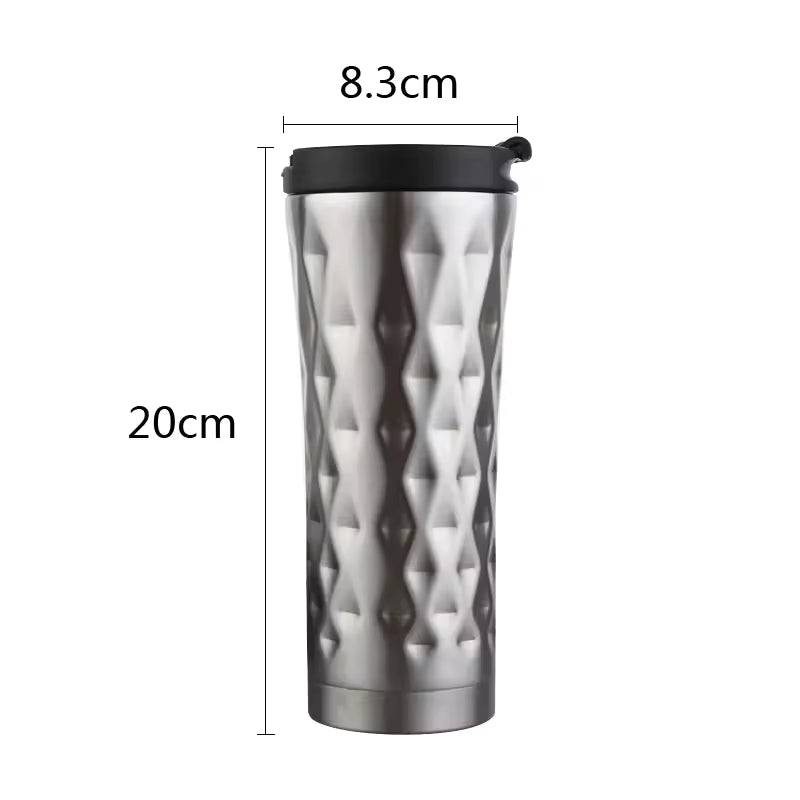 Clarify.pk 500ml insulated travel mug with stainless steel diamond pattern and black lid