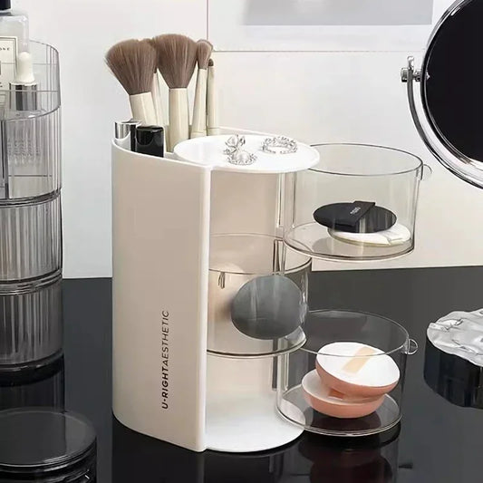 Clarify.pk 3 layer cosmetic storage box with multiple compartments holding makeup brushes and accessories