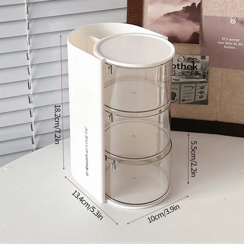 3 layer cosmetic storage box with clear round drawers and white side holder for makeup organization