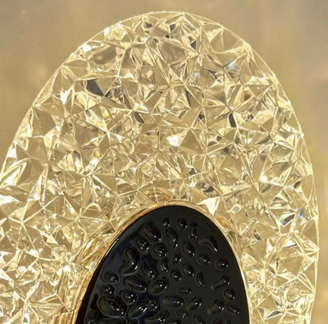 Close-up of USB cordless desk lamp with decorative clear crystal-like design by Clarify.pk
