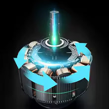 Close-up of the internal mechanism of a usb muscle relaxation device with rotating parts and blue directional arrows