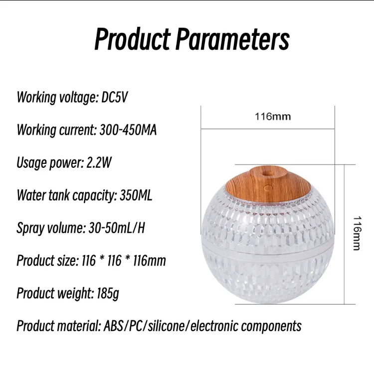 USB portable fragrance diffuser with clear textured round body and wooden top showing dimensions and specs