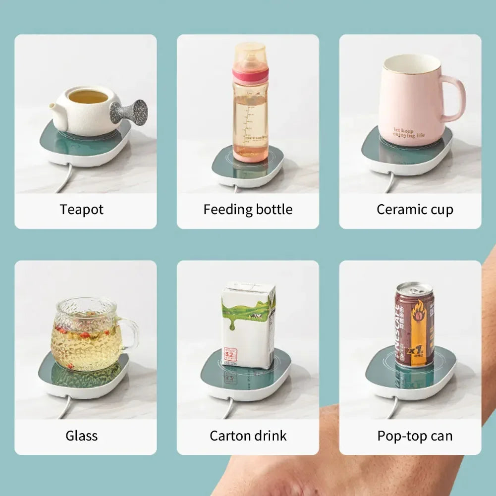 USB powered cup heater warming various containers including teapot, feeding bottle, ceramic cup, glass, carton drink, and pop-top can