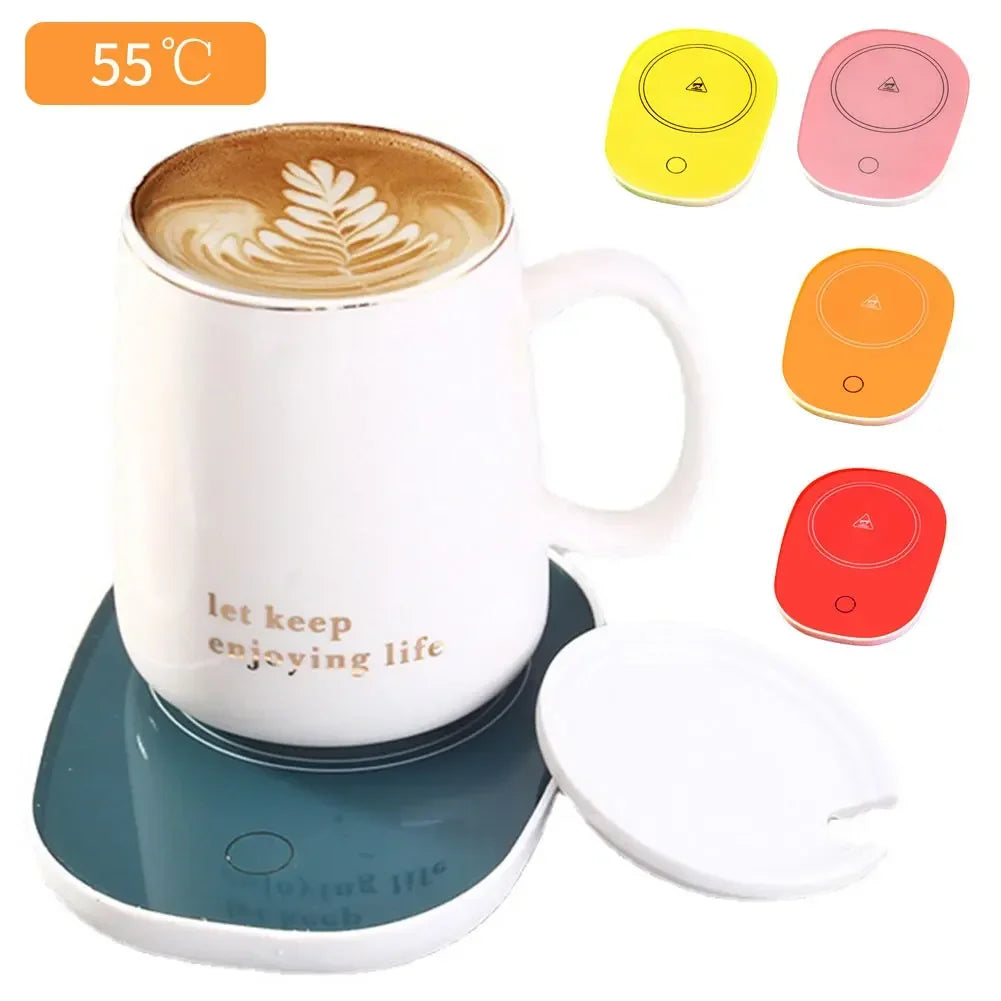 USB powered cup heater with a white mug on top and color options yellow pink orange and red