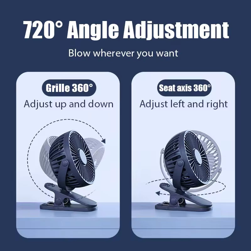 USB rechargeable clip-on fan by Clarify.pk with 720 degree angle adjustment for versatile airflow