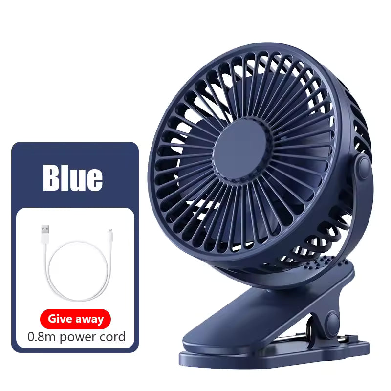 Blue USB rechargeable clip-on fan with adjustable head and included 0.8m power cord
